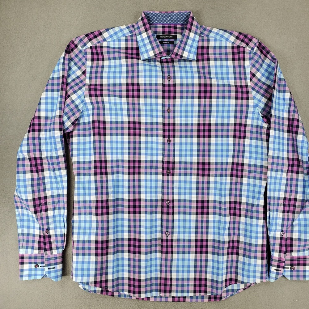 Lot 4 Bugatchi Print Plaid Cuff Long‎ Sleeve Button Down Shirt Men L Shaped Fit - Picture 12 of 16